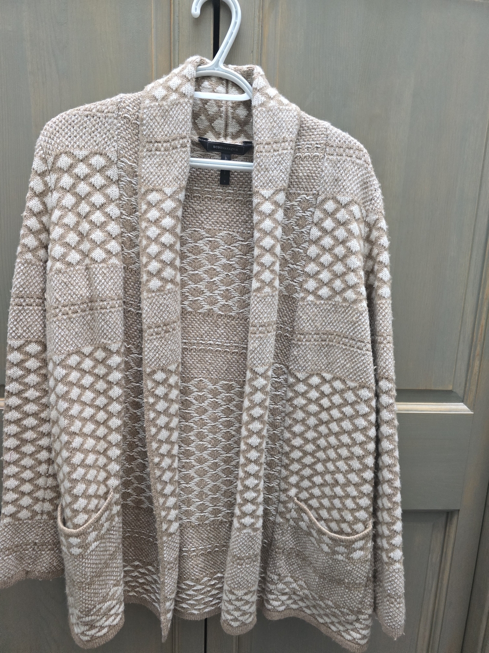 BCBGMaxAzria Tan and Cream Patterned Open-Front Cardigan